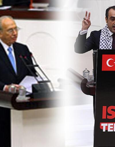 TBMM kürsüsüne Terörist İsrail yazılı pankart astı