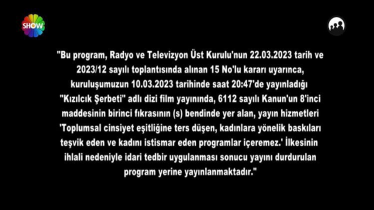 Kızılcık Şerbeti neden yayından kaldırıldı, yeni bölüm ne zaman Show TVden Kızılcık Şerbeti açıklaması