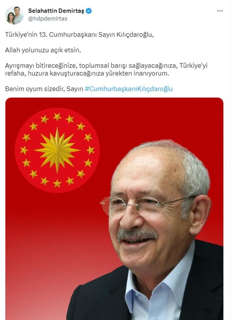 Demirtaştan Kılıçdaroğlu paylaşımı: Benim oyum sizedir, Sayın Cumhurbaşkanı Kılıçdaroğlu